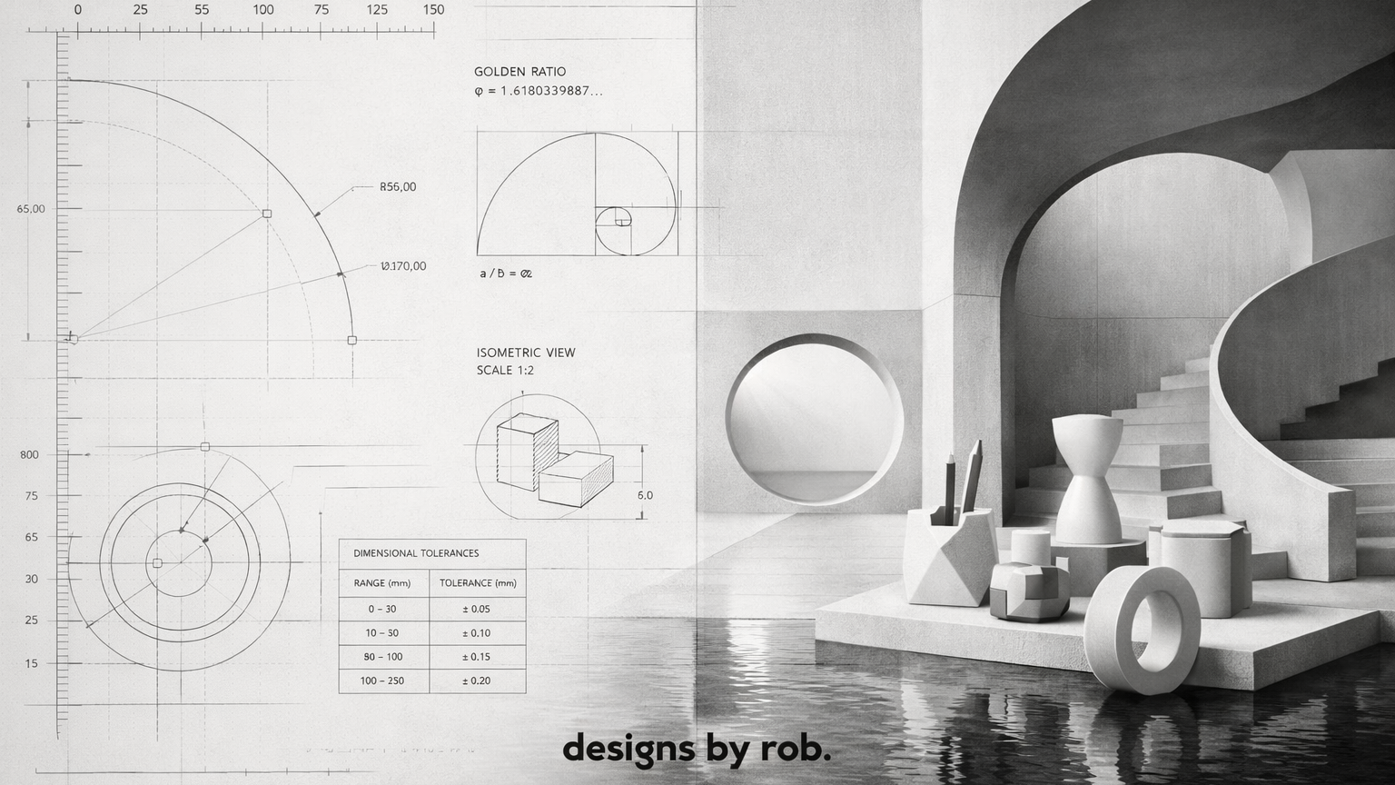 Modern architectural design with geometric shapes and 'designs by rob.' branding.