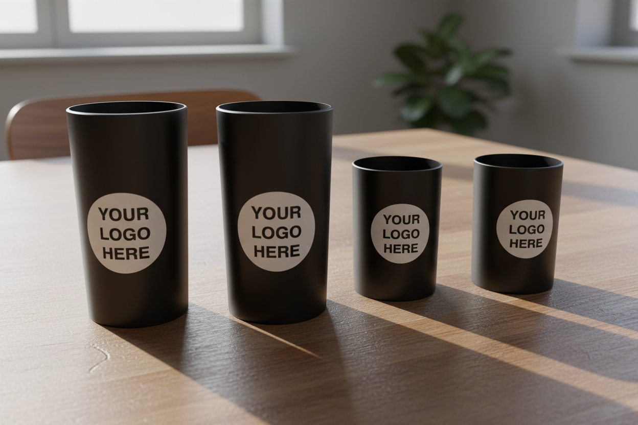 Four black tumblers with 'Your Logo Here' labels on a wooden table.